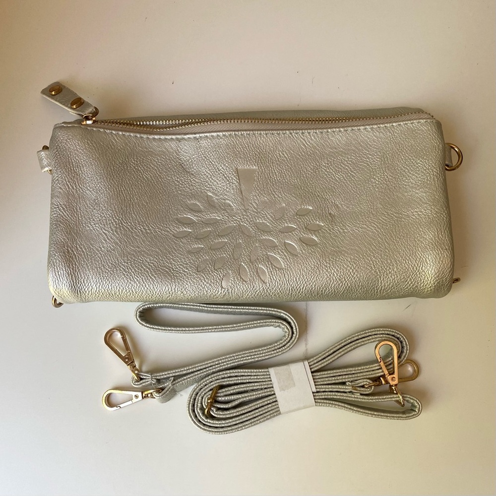 Mulberry Leather Gray Metalic Silver Foldable Clutch Bag with Shoulder 2 Straps - Picture 7 of 13